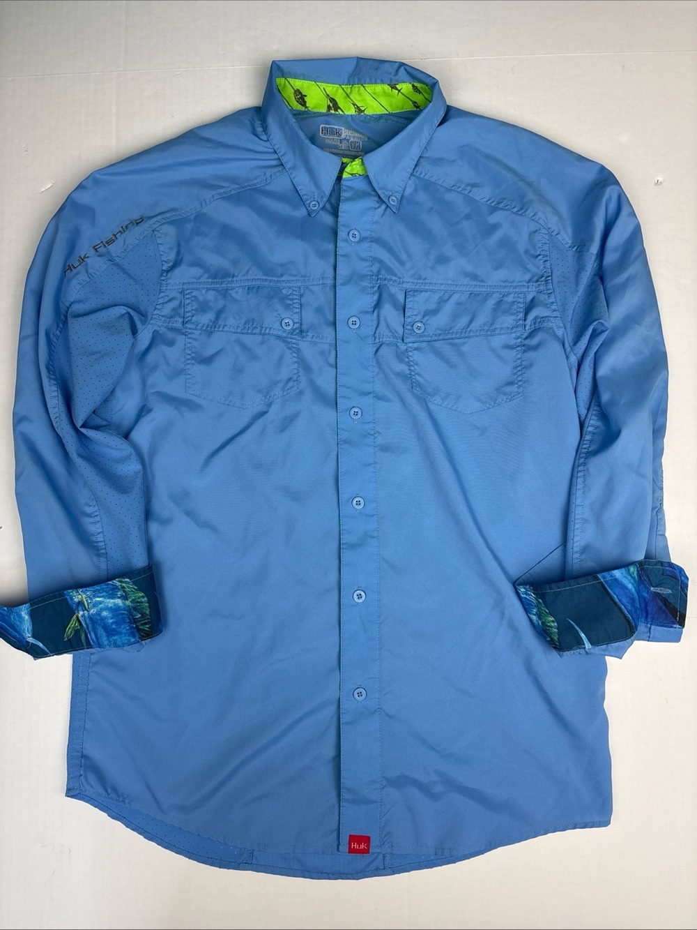 Huk Performance Men Medium Shirt Fishing Blue Long Sleeve Polyester Lightweight